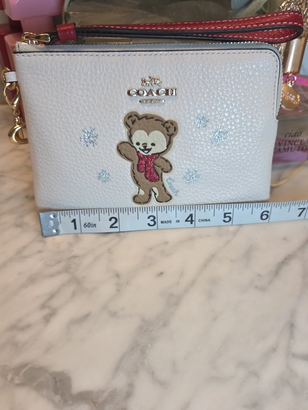 EUC Coach Novelty White Pebbled Leather Bear Wristlet with Red Strap